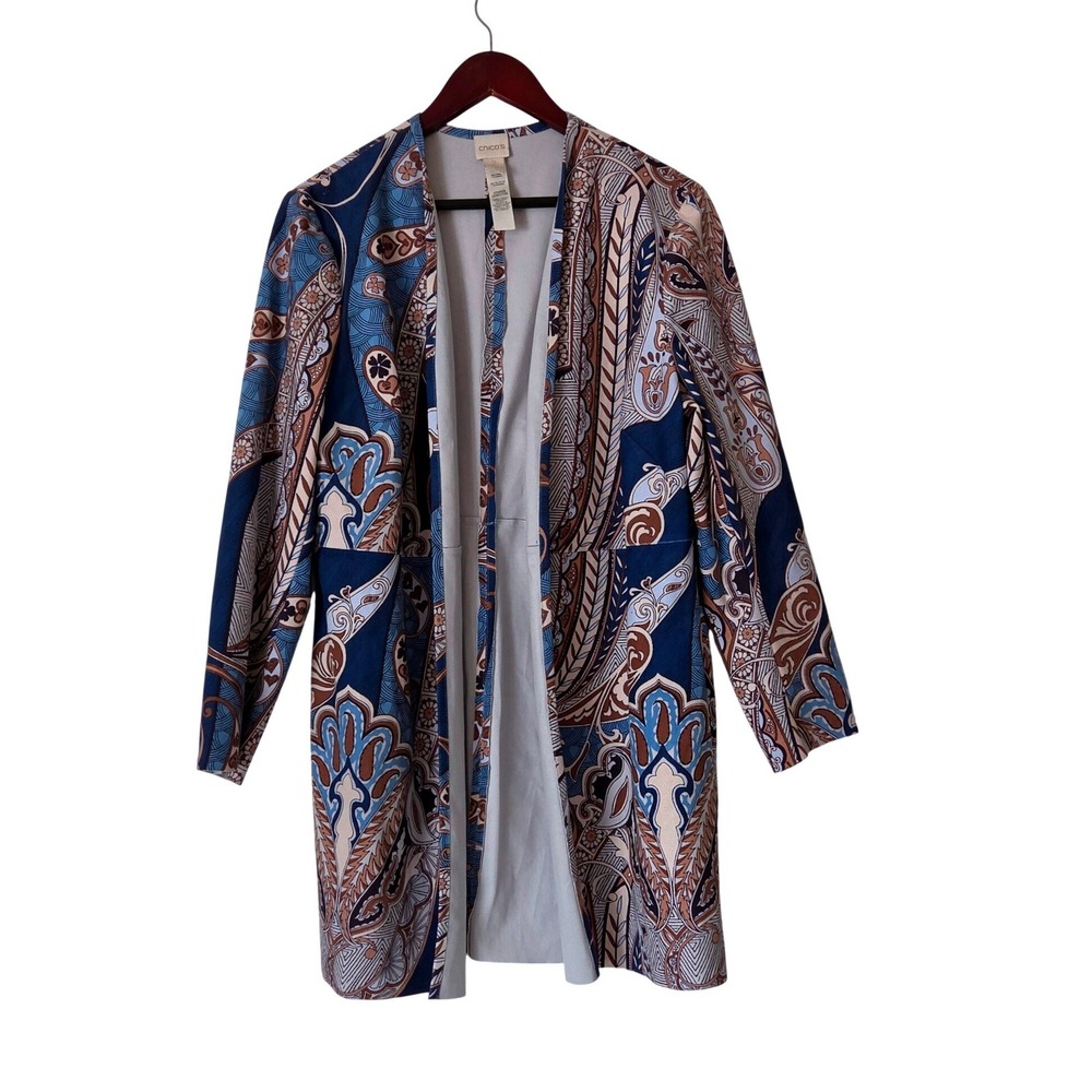 Chico's Printed Faux Suede Topper Duster Jacket Size 2 L Paisley Boho Blue